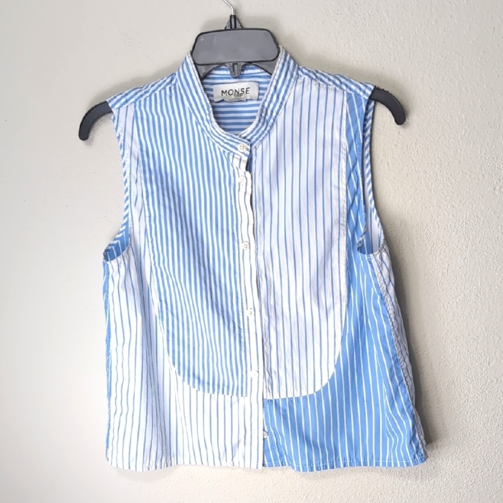 Monse Blue and White Striped Sleeveless Blouse Women's 10 Shirt Top